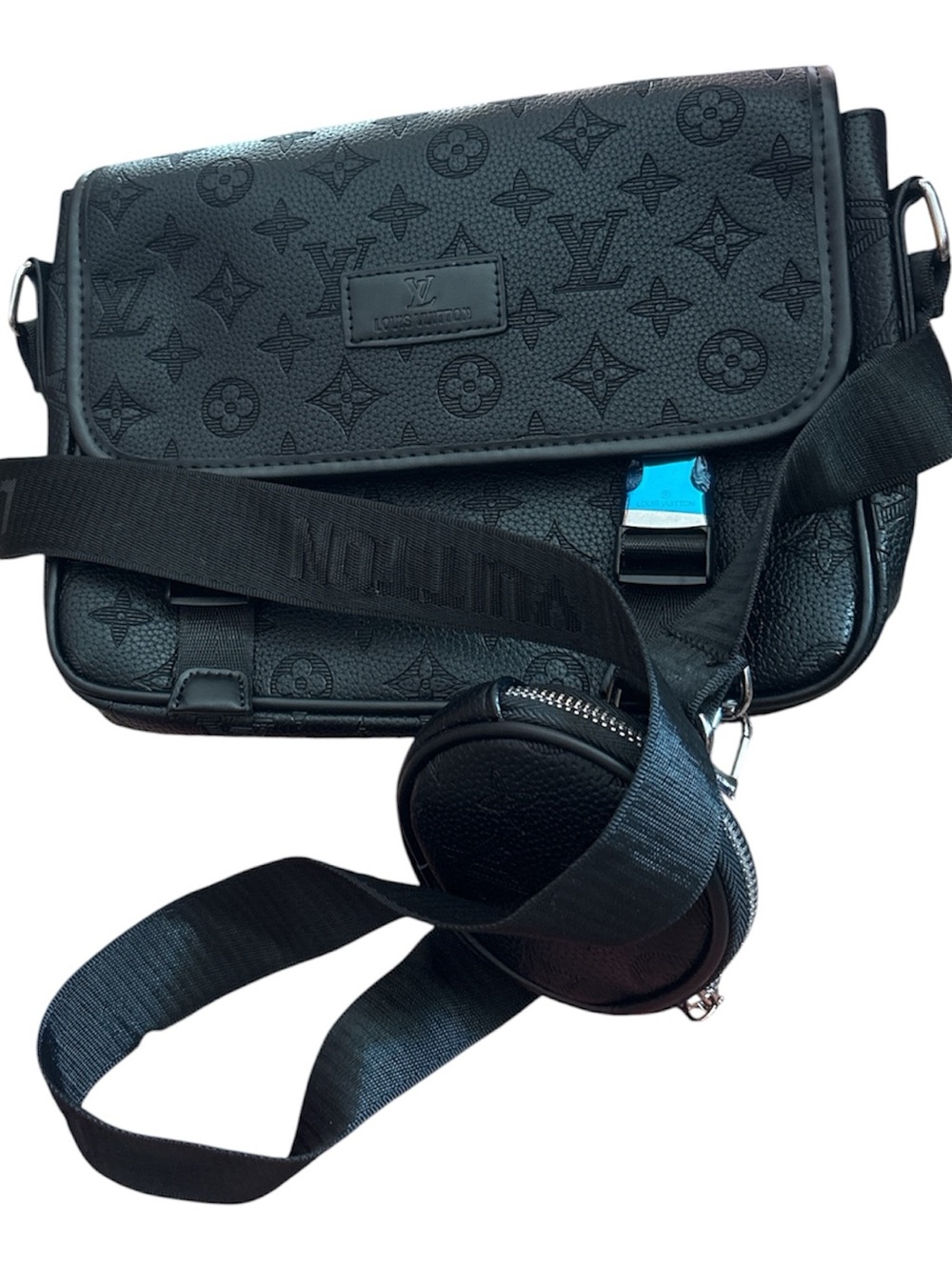 Black Embossed Monogram Messenger Bag with Strap Pouch